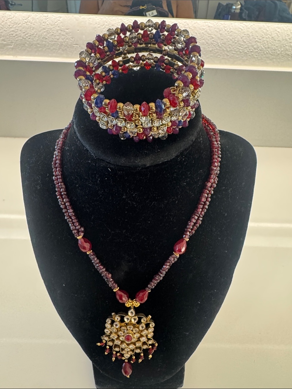 Source Unknown Red, Gold and Blue Beaded Necklace with Matching Bracelet Set